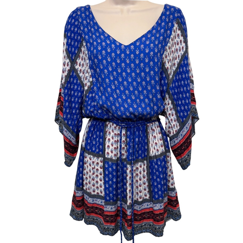 American Eagle Womens Mini Dress XS Blue Patchwork Kimono‎ Sleeve Boho Peasant